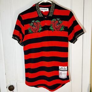 Reason Brand Red Black Striped Polo Shirt Snake Graphic Short Sleeve Top Size S